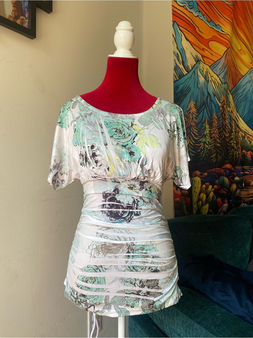 Y2K Iz Byer Mint & Cream Floral Scoop Neck Top